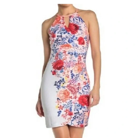 NWT GUESS LOS ANGELES CORAL FLORAL HALTER SCUBA DRESS SIZE 8